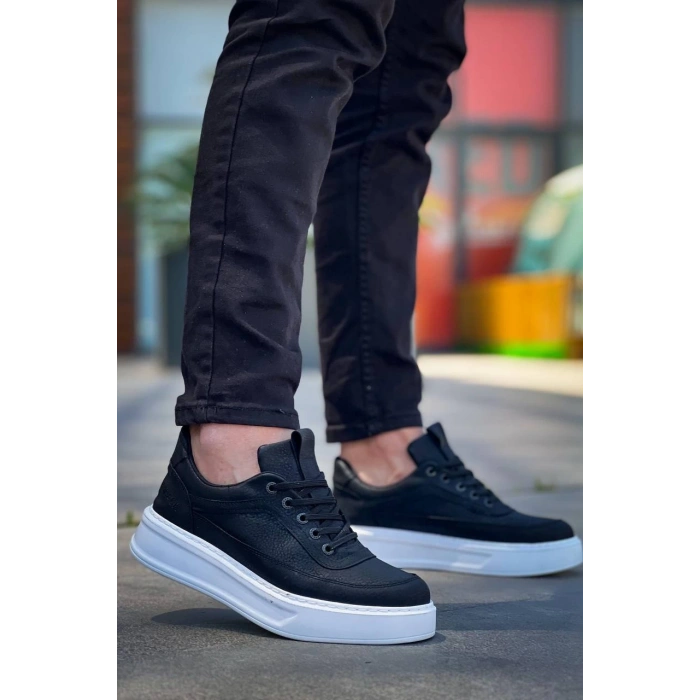 KB-006 Kuback Siyah Cilt Yüksek Taban Bağcıklı Günlük Erkek Ayakkabı