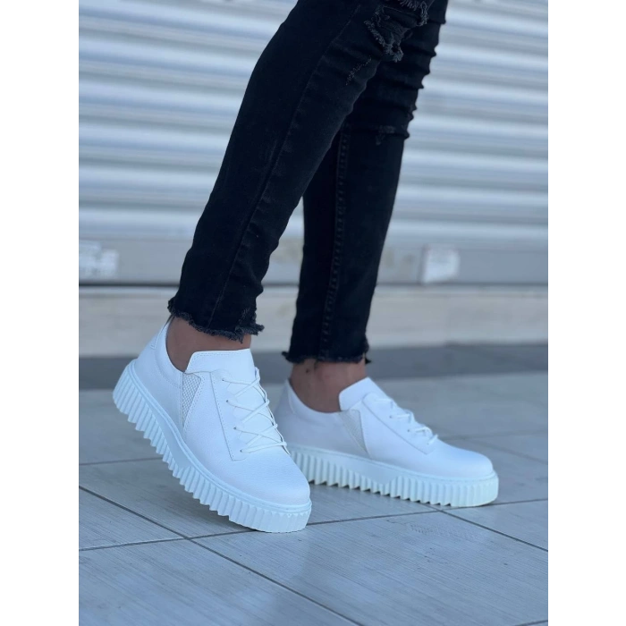 KB-X502  Kuback Beyaz Cilt Yüksek Beyaz Taban Bağcık Detaylı Lastikli Günlük Erkek Ayakkabı