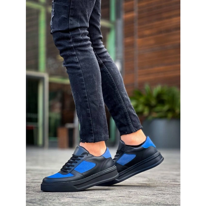 KB-X8 Kuback Siyah Cilt Mavi Süet Detaylı Siyah Yüksek Taban Günlük Spor Ayakkabı