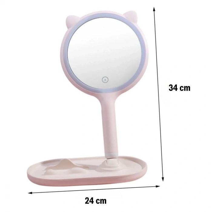 Kedi Kulaklı Telefon Standlı Yuvarlak Dokunmatik Led Ayarlı Masa Üstü Makyaj Aynası (5047)