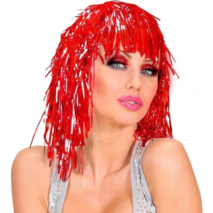 Kırmızı Işıltılı Metalize Parti Peruğu