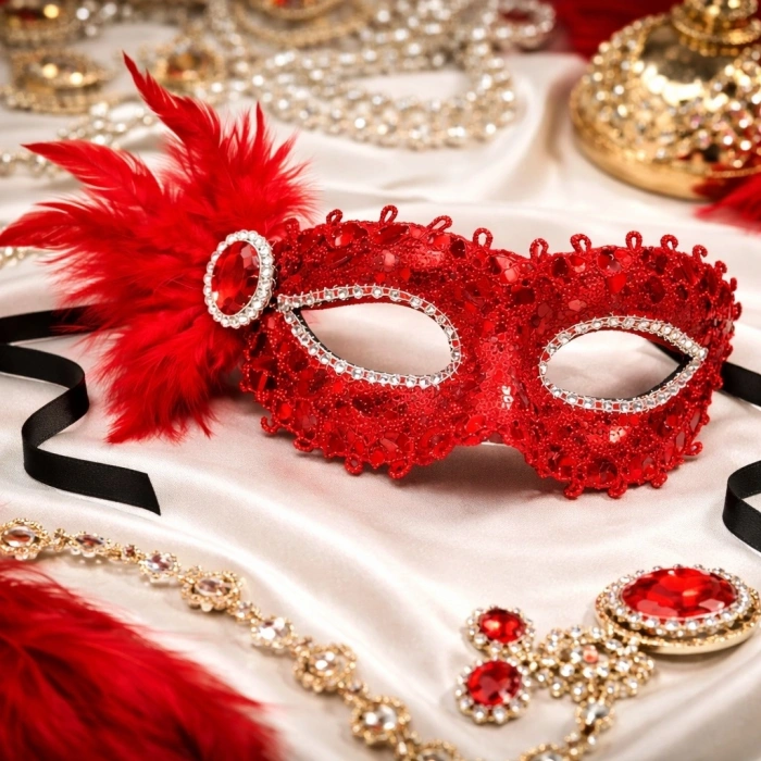 Kırmızı Taşlı Venedik Parti Maskesi – Tüylü Payetli