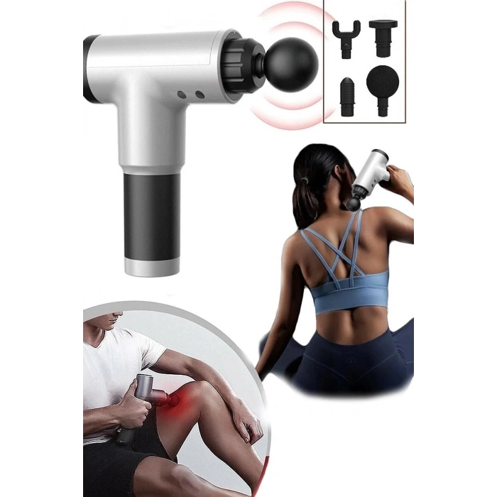 Koblosuz Şarjlı Masaj Tabancası 4 Başlıklı Sporcu Masaj Aleti 6 Kademeli RENK SEÇİLEMEZ