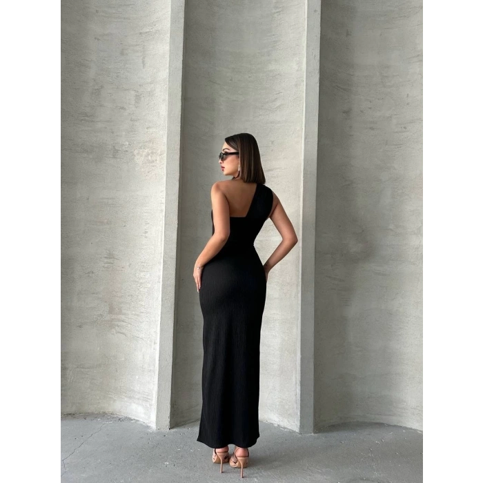 Krinkıl tek omuz uzun elbise siyah s25455