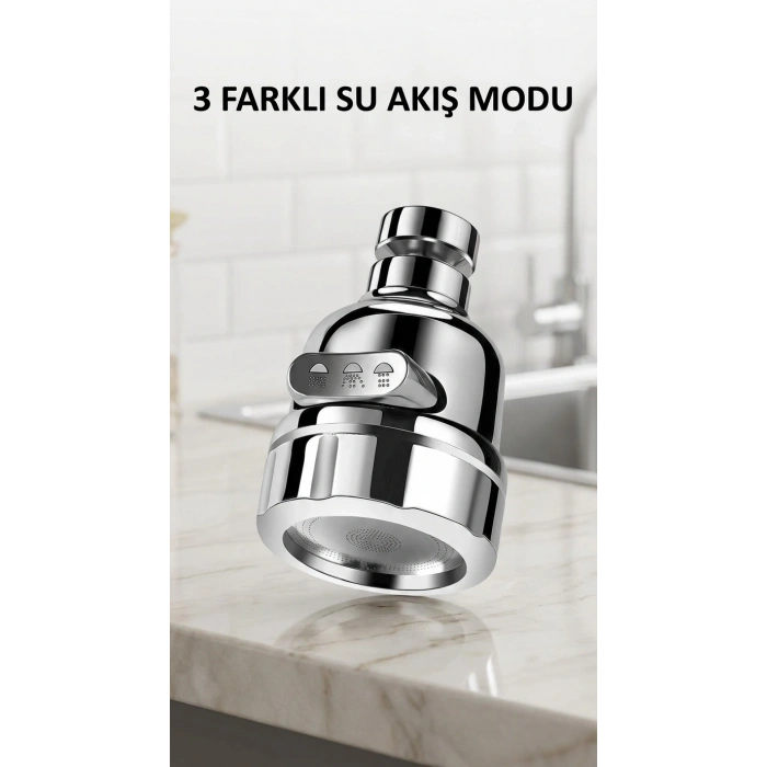Krom 3 Fonksiyonlu Döner Su Tasarruflu Musluk Başlığı Mutfak ve Banyo