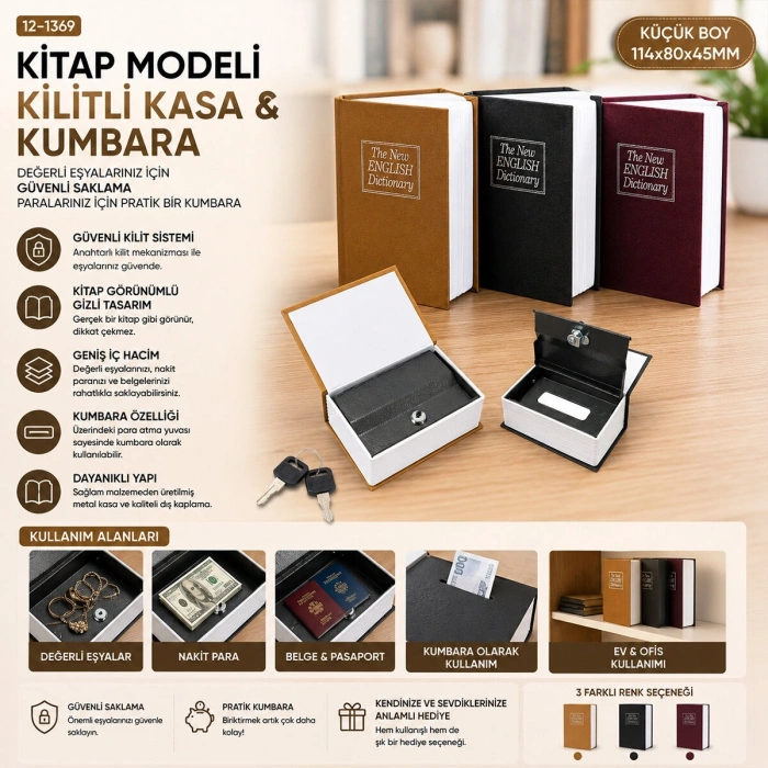 KÜÇÜK=114X80X45MM KİTAP MODELİ KİLİTLİ KASA - KUMBARA RENKLİ (5047)