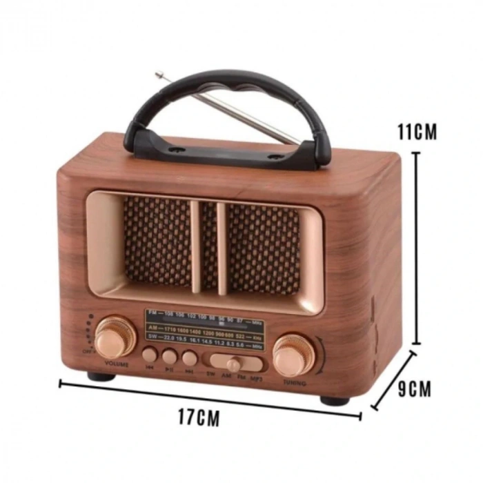 Küçük Mini Boy Retro Ahşap Tasarım Bluetooth Hoparlörlü Radyo – FM/AM Destekli, Şarjlı ve Taşınabilir Radyo NS-8108 (5047)