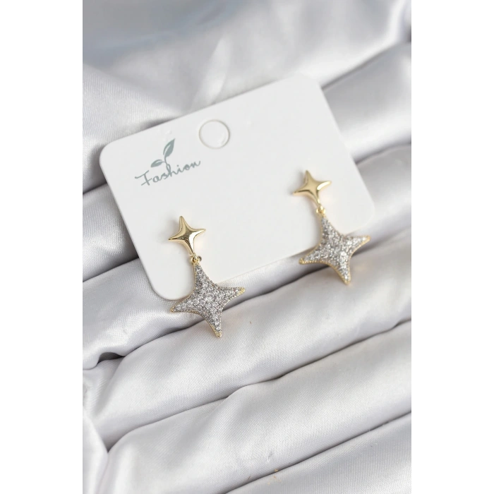 Kutup Yıldızı Pirinç Gold Renk Zirkon Taşlı Kadın Küpe