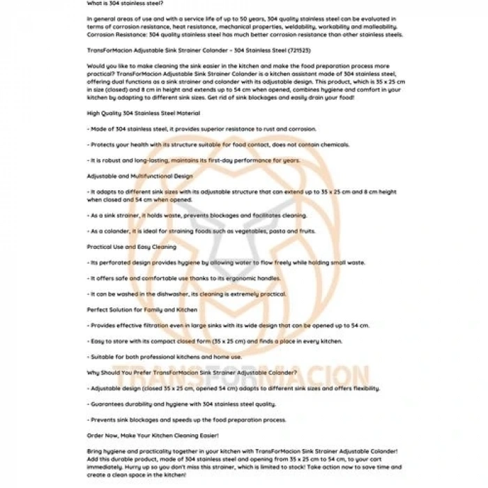 Lavabo Süzgeci Ayarlanabilir Kevgir 304 Paslanmaz Çelik