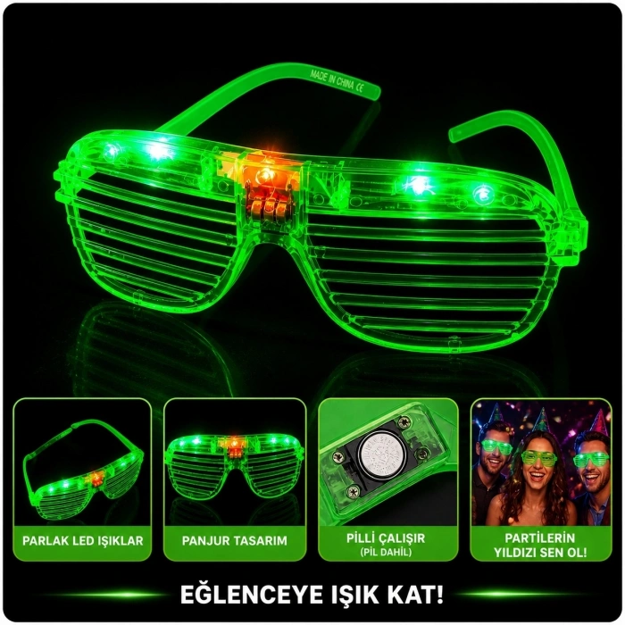 Led Işıklı Panjur Parti Gözlüğü Yeşil Renk Shutter Gözlük