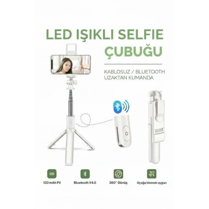 Led Işıklı Selfie Çubuğu Bluetooth Kumandalı Kablosuz Tripot Selfie Monopod Selfie Stick (Beyaz)