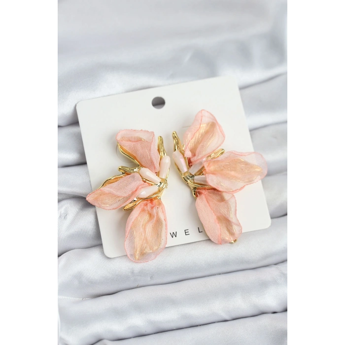 Lotus Model Yavruağızı Renk Tüllü Kadın Küpe