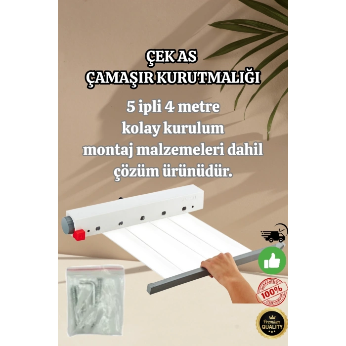 Lüx Çamaşır Kurutmalık Çek As 5 İpli 4 Metre Kolay Kurulum Açılır Kapanır Ergonomik Dayanıklı