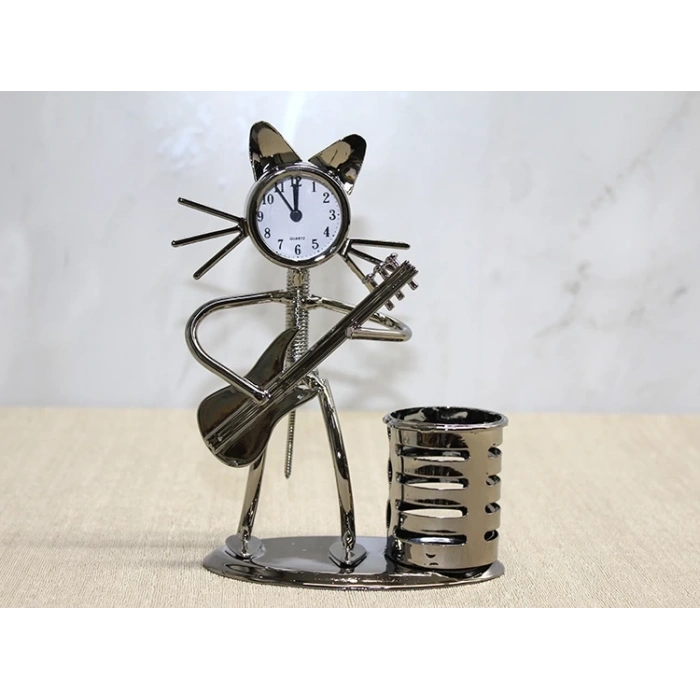 Metal Gitar Çalan Müzisyen Kedi Saat Ve Kalemlik