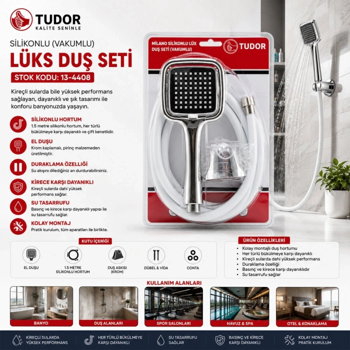 MİLANO VAKUMLU - SİLİKON LÜKS DUŞ SETİ DUŞ BAŞLIK=MİX SİLİKON HORTUM=1.5MT MAFSAL=3 KADEME (5047)