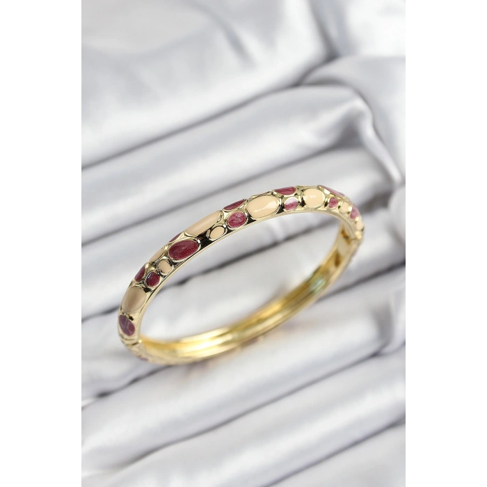 Mineli Pirinç Fuşya Ve Krem Petek Motifli Gold Renk Kadın Kelepçe