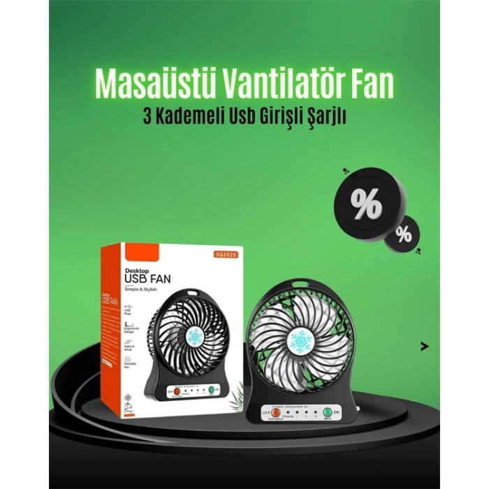 Mini USB Fan – Şarj Edilebilir, Işıklı, 3 Kademe, Taşınabilir Masaüstü Vantilatör