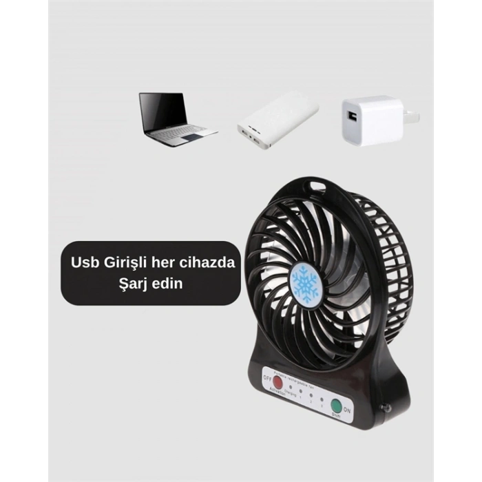 Mini Vantilatör Masaüstü – USB Girişli, Şarjlı, 3 Kademe, Sessiz Motor, Işıklı