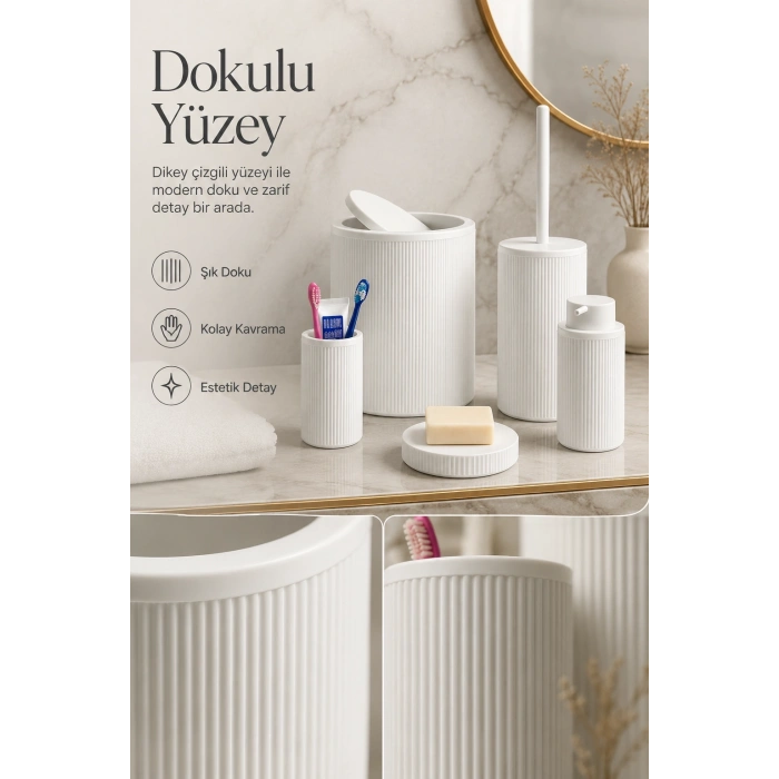 Modern Tasarımlı 5 Parça Banyo Aksesuar Seti Beyaz Renk Sabunluk ve Fırçalık Dahil