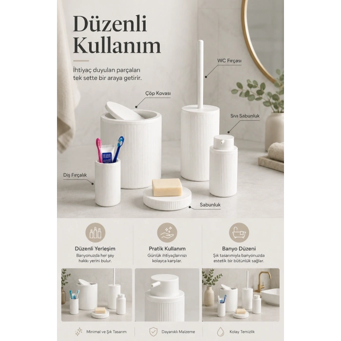 Modern Tasarımlı 5 Parça Banyo Aksesuar Seti Beyaz Renk Sabunluk ve Fırçalık Dahil