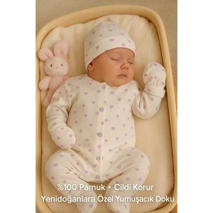 Mor Kalp Desenli %100 Pamuk Yenidoğan Hastane Çıkışı 5li Zıbın Seti