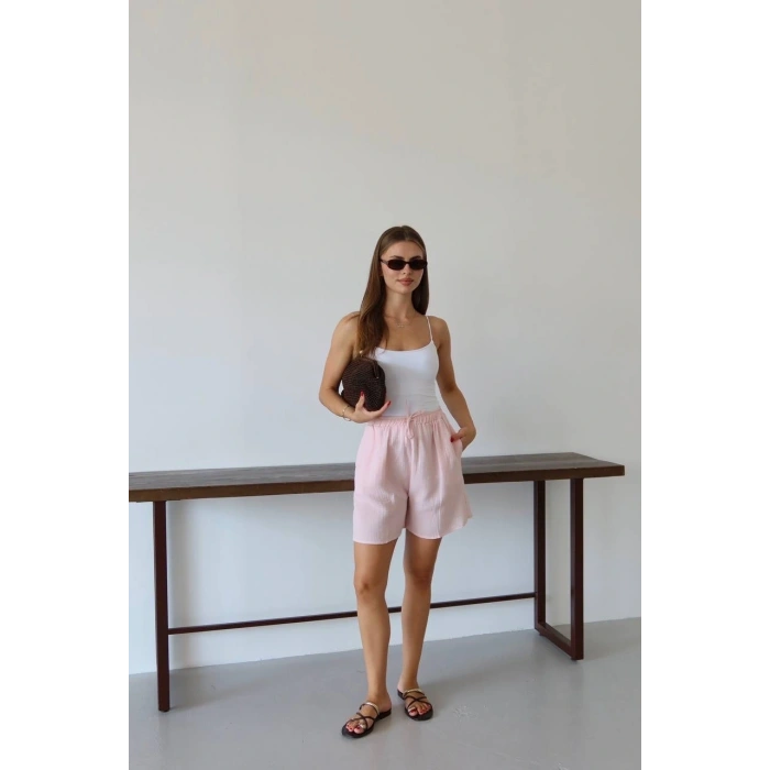 Müslin kumaş şort bağcıklı pembe pt