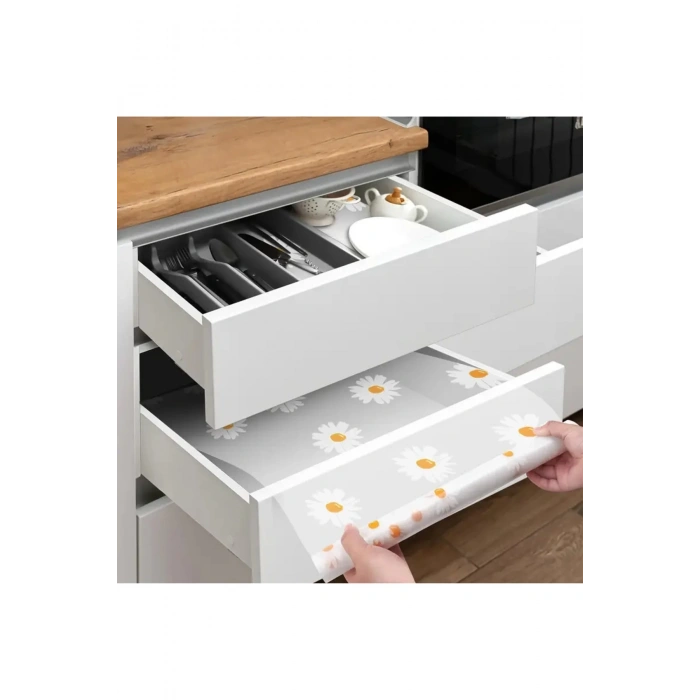 Mutfak Eva Shelf Liner Şeffaf Astar Kaymaz Dolap İçi Çekmece Örtüsü Papatya Desen Mat 45cmx10 Metre