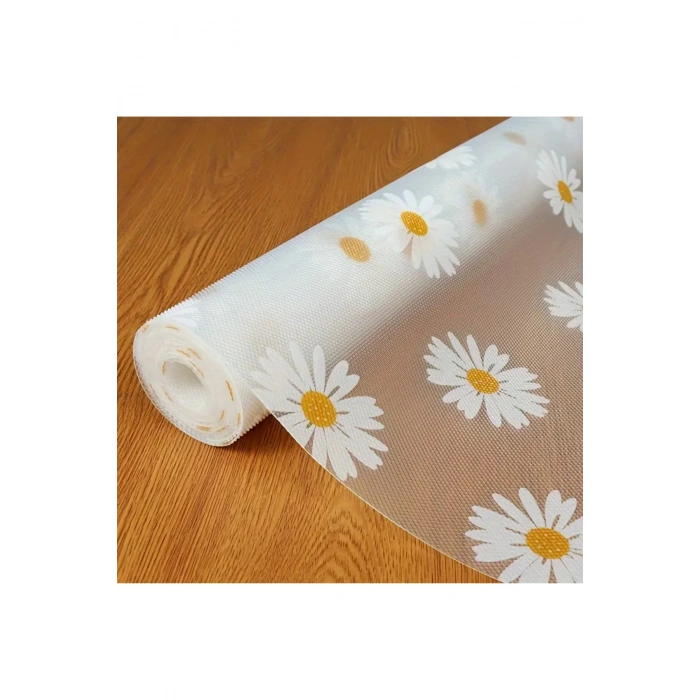 Mutfak Eva Shelf Liner Şeffaf Astar Kaymaz Dolap İçi Çekmece Örtüsü Papatya Desen Mat 45cmx10 Metre