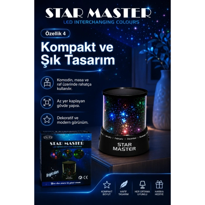 Oda İçin Yıldız Efektli LED Gece Lambası Renkli Işık Yansıtan Dekoratif Projektör