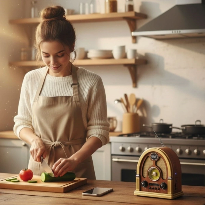 Orta Boy Kubbe Model Retro Ahşap Tasarım Bluetooth Hoparlörlü Radyo – FM/AM Destekli, Şarjlı ve Taşınabilir Radyo NS-7061 (5047)