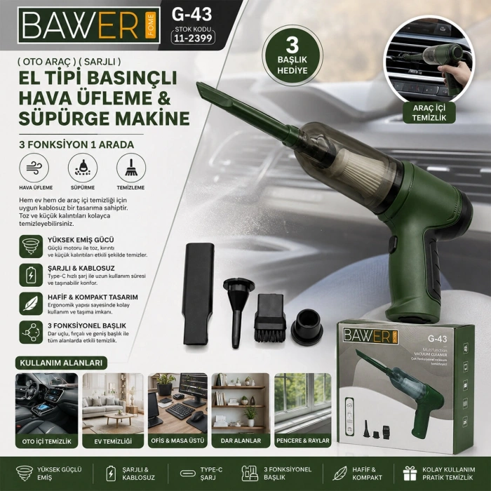 OTO ARAÇ SARJLI EL TİPİ BASINÇLI HAVA ÜFLEME - SÜPÜRGE MAKİNE 3 BAŞLIK G-43 (5047)
