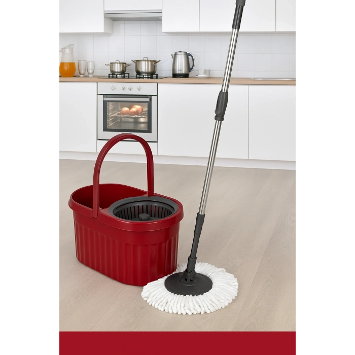 Otomatik Mop Seti Paspas ve Sıkma Kovası, 360° Döner Başlıklı Mikrofiber Yer Temizleme Bordo