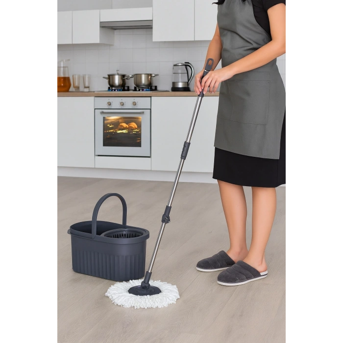 Otomatik Mop Seti Paspas ve Sıkma Kovası, 360° Döner Başlıklı Mikrofiber Yer Temizleme Gri