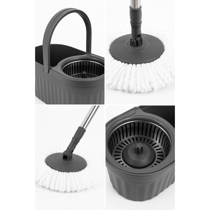 Otomatik Mop Seti Paspas ve Sıkma Kovası, 360° Döner Başlıklı Mikrofiber Yer Temizleme Gri