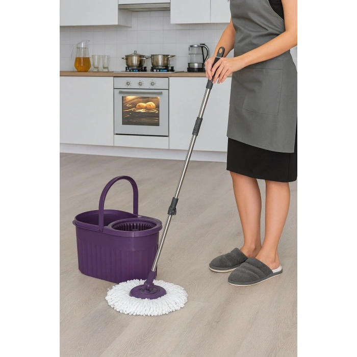 Otomatik Mop Seti Paspas ve Sıkma Kovası, 360° Döner Başlıklı Mikrofiber Yer Temizleme Mor