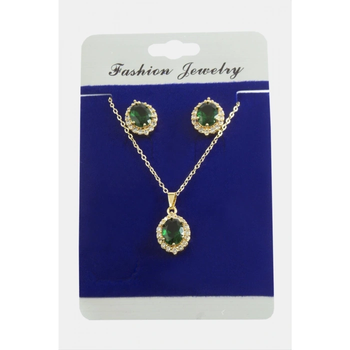 Oval Zirkon Taşlı Set Kolye