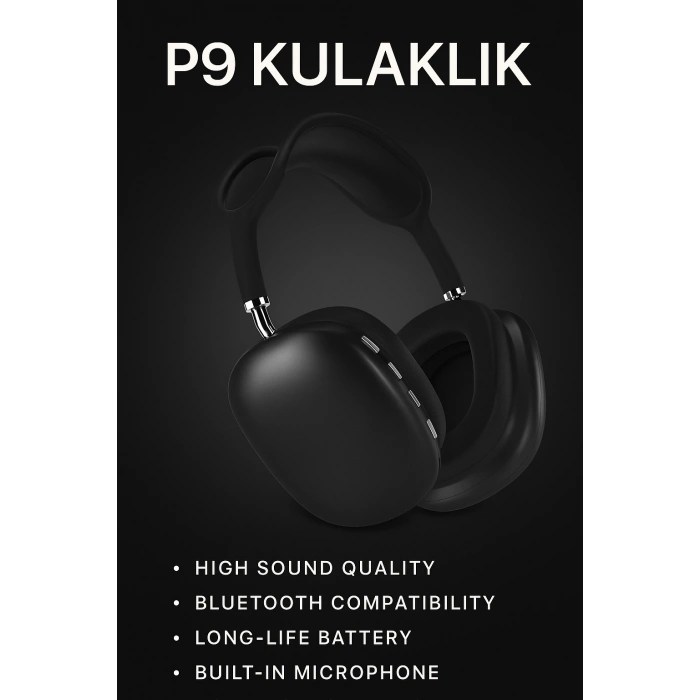 P9 Bluetooth 5.0 Kablosuz Siyah Kulaklık Mikrofonlu Uzun Pil Yüksek Bass ANC