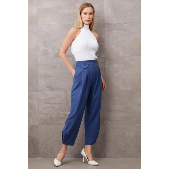 Paçası Düğmeli Yüksek Bel Pantolon