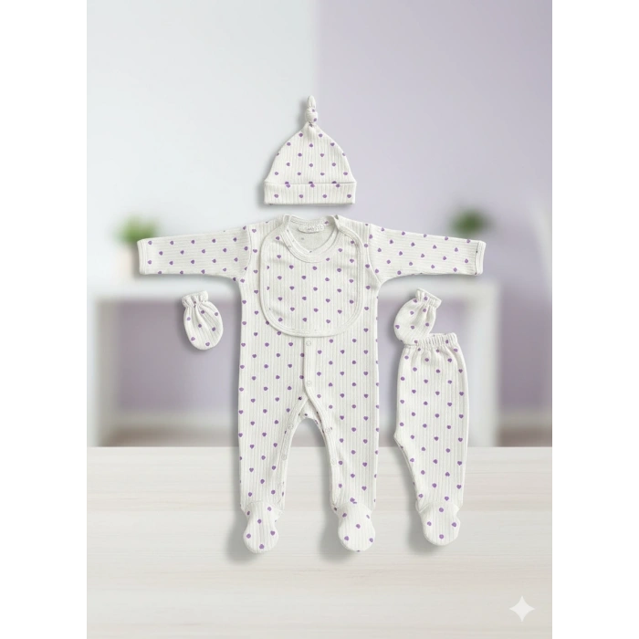 Pamuklu Mor Kalpli 5’li Yenidoğan Hastane Çıkışı Seti | Organik Kız Bebek Zıbın Takımı