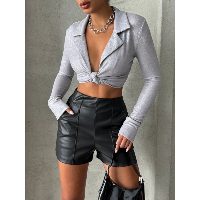 Parçalı cepli deri şort siyah w26312