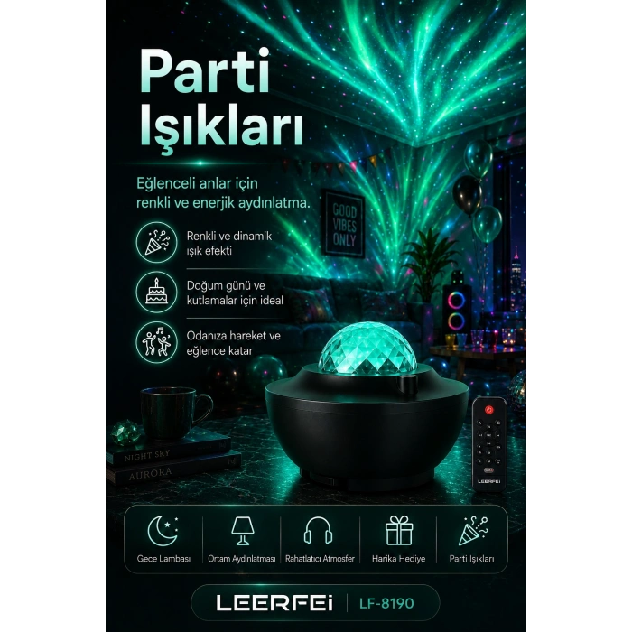 Parti Işığı Özellikli Galaksi Projeksiyon Lambası Kumandalı Gece Aydınlatması
