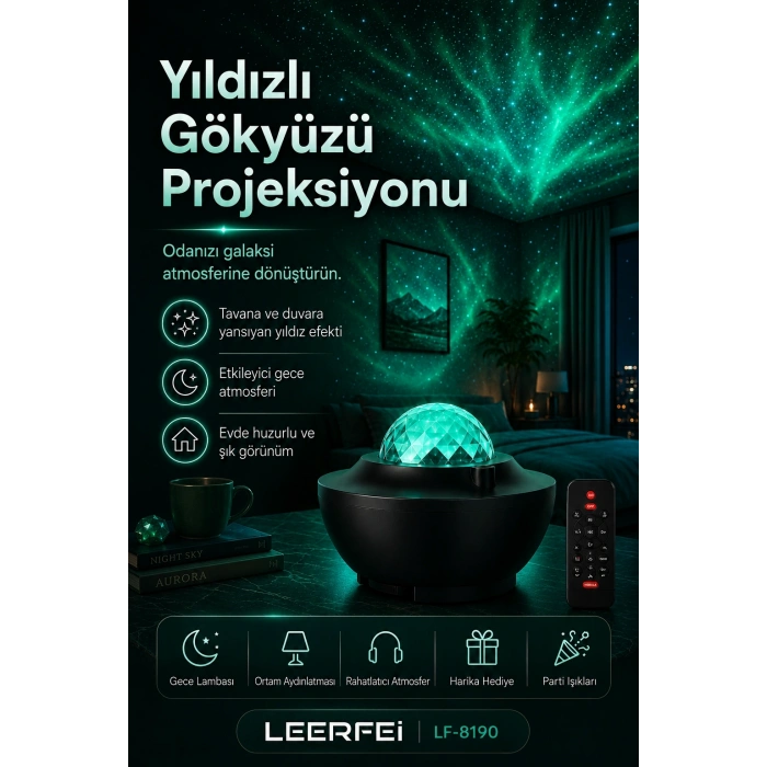 Parti Işığı Özellikli Galaksi Projeksiyon Lambası Kumandalı Gece Aydınlatması