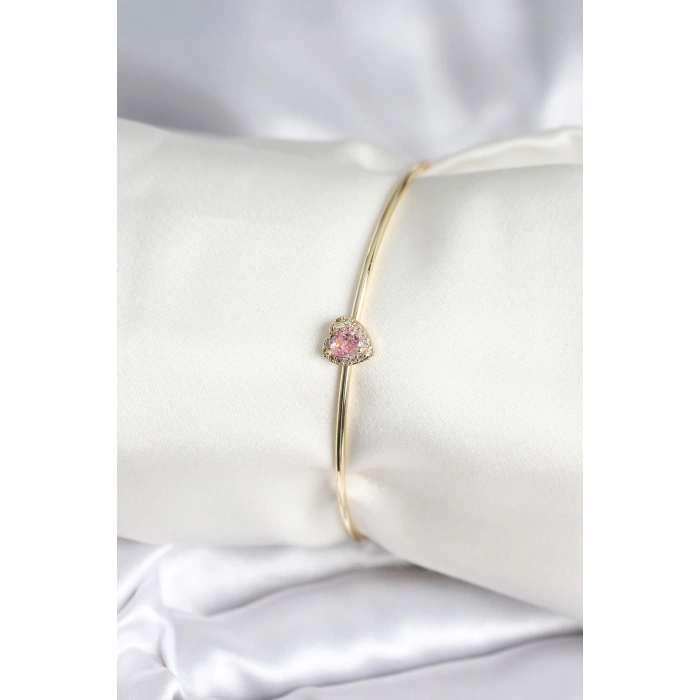 Pembe Zirkon Taşlı Kalp Model Gold Renk Kadın Bileklik