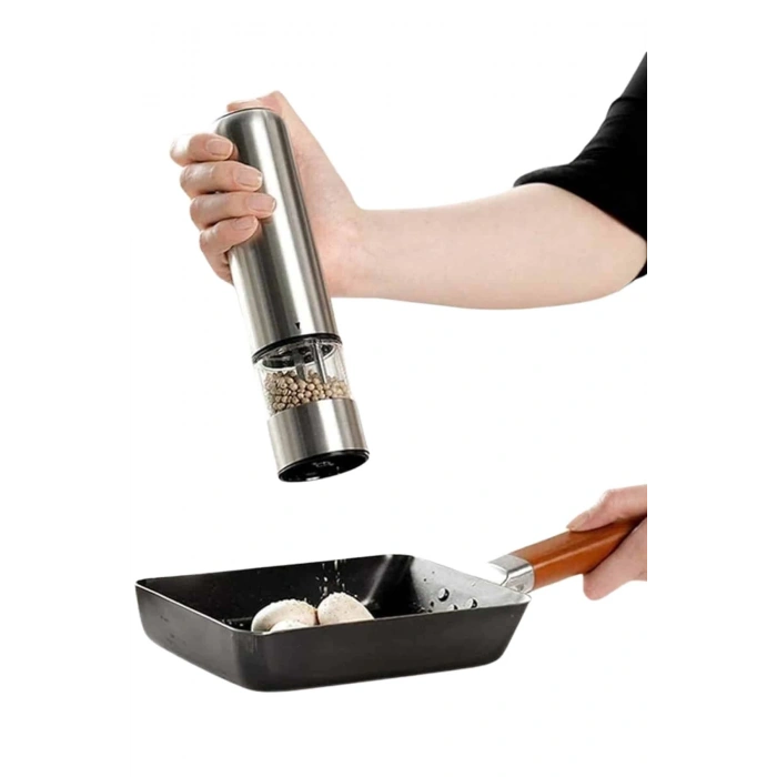 Pilli Tuz Ve Karabiber Öğütücü Baharat Değirmeni Tuzluk Pilli Işıklı Gri