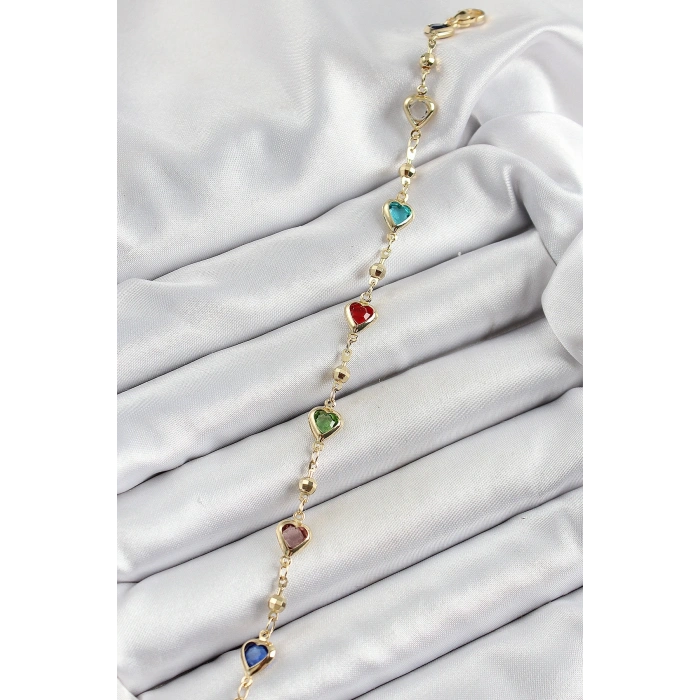 Pirinç Asorti Kalp Model Gold Renk Zirkon Taşlı Kadın Bileklik