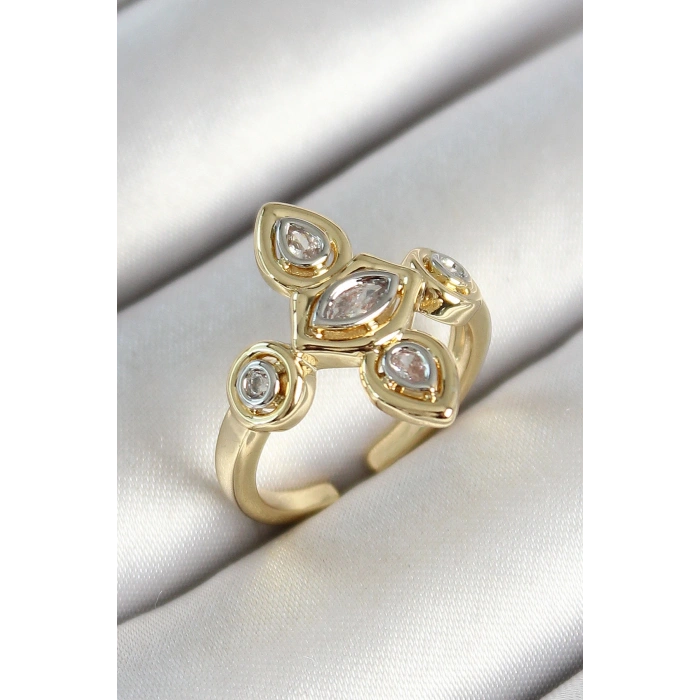 Pirinç Beş Taş Trend Figür Zirkon Taşlı Gold Renk Ayarlanabilir Kadın Yüzük