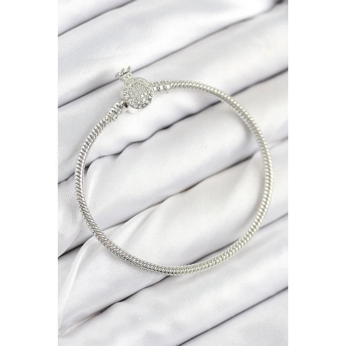 Pirinç Charm Zirkon Taşlı Taç Model Gümüş Renk Kadın Bileklik