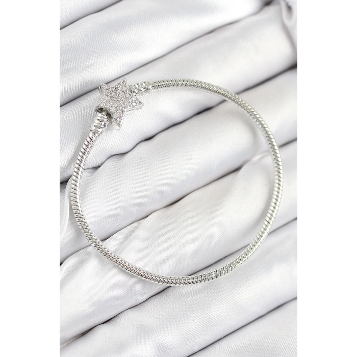 Pirinç Charm Zirkon Taşlı Yıldız Model Gümüş Renk Kadın Bileklik