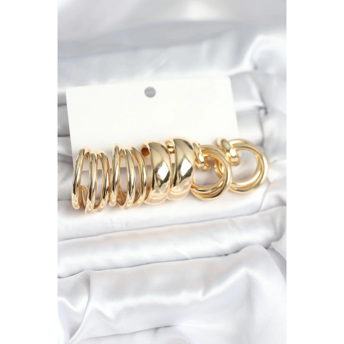 Pirinç Gold Renk 3 Çift Vintage Kadın Küpe Seti