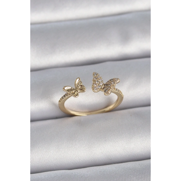 Pirinç Gold Renk Ayarlanabilir Zirkon Taşlı Kelebek Model Kadın Yüzük